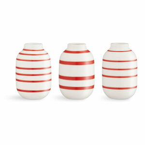 Sada 3 miniaturních bílo-červených pruhovaných porcelánových váz Kähler Design Omaggio