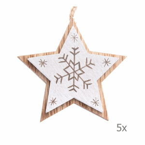Sada 5 bílých dřevěných závěsných ozdob ve tvaru hvězdy Dakls, délka 7,5 cm