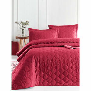 Tmavě červený přehoz přes postel s povlakem na polštář z ranforce bavlny EnLora Home Fresh, 180 x 225 cm