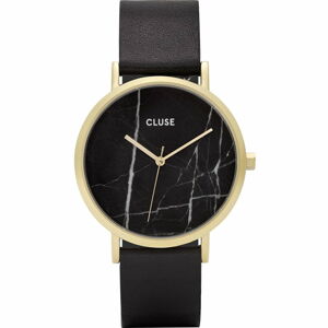 Dámské černé hodinky s koženým řemínkem a mramorovým ciferníkem Cluse La Roche Rose