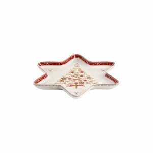 Červeno-bílá porcelánová servírovací mísa s vánočním motivem ve tvaru hvězdy Villeroy & Boch Gingerbread Village, 37,2 x 32,5 cm
