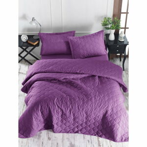 Fialový přehoz přes postel se 2 povlaky na polštář z ranforce bavlny EnLora Home Fresh, 225 x 240 cm