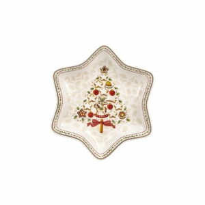 Červeno-bílá porcelánová servírovací mísa s vánočním motivem ve tvaru hvězdy Villeroy & Boch Gingerbread Village, 24,5 x 24,5 cm